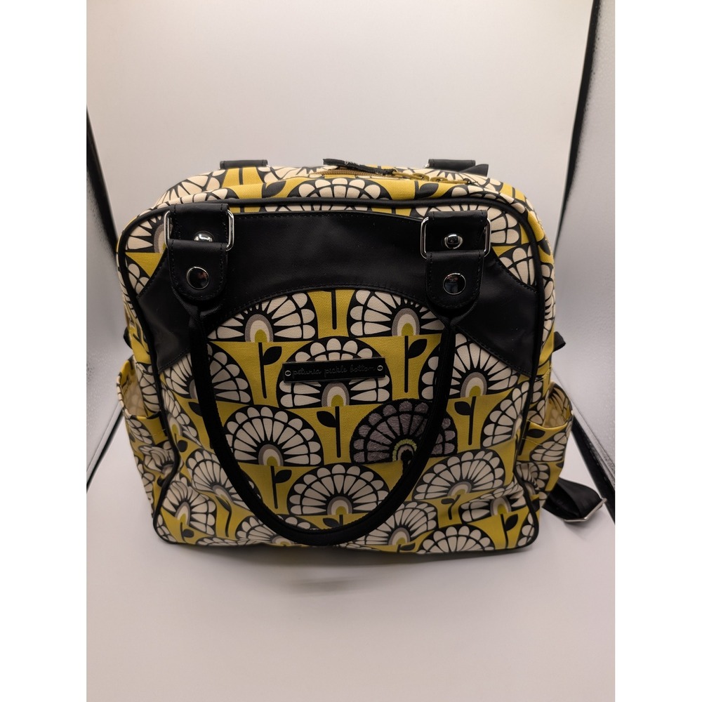 Petunia Pickle Bottom Boxy Backpack Diaper Bag Yellow Black Floral Glazed Canvas